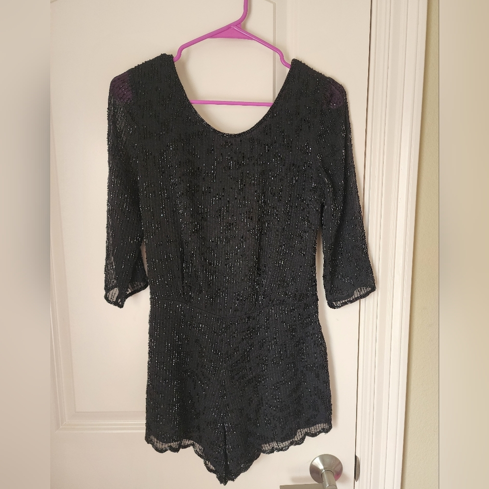 Free People Plunge Back Black Beaded Shorts Romper